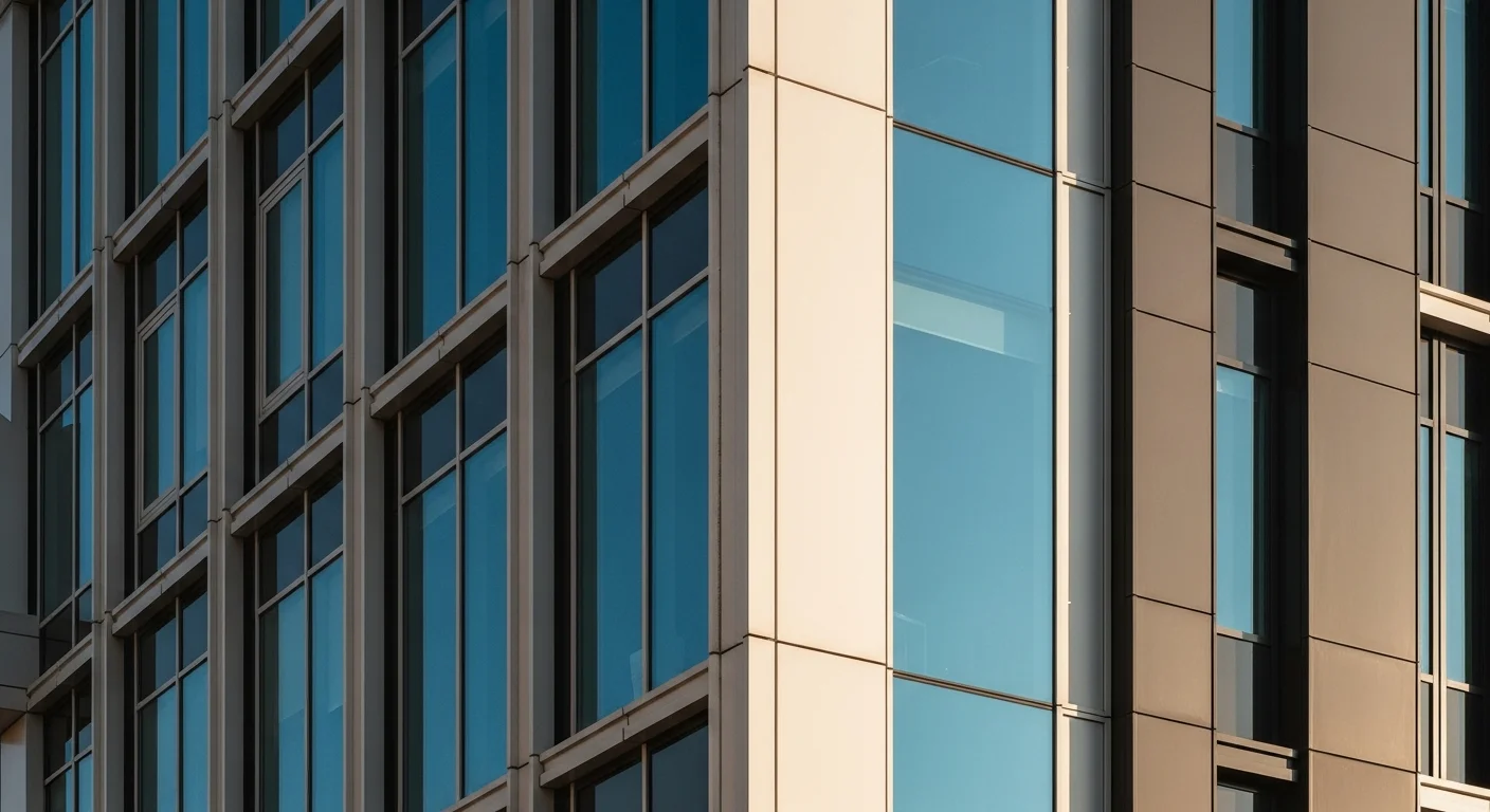 Abstract glass and steel building facade reflecting geometric patterns