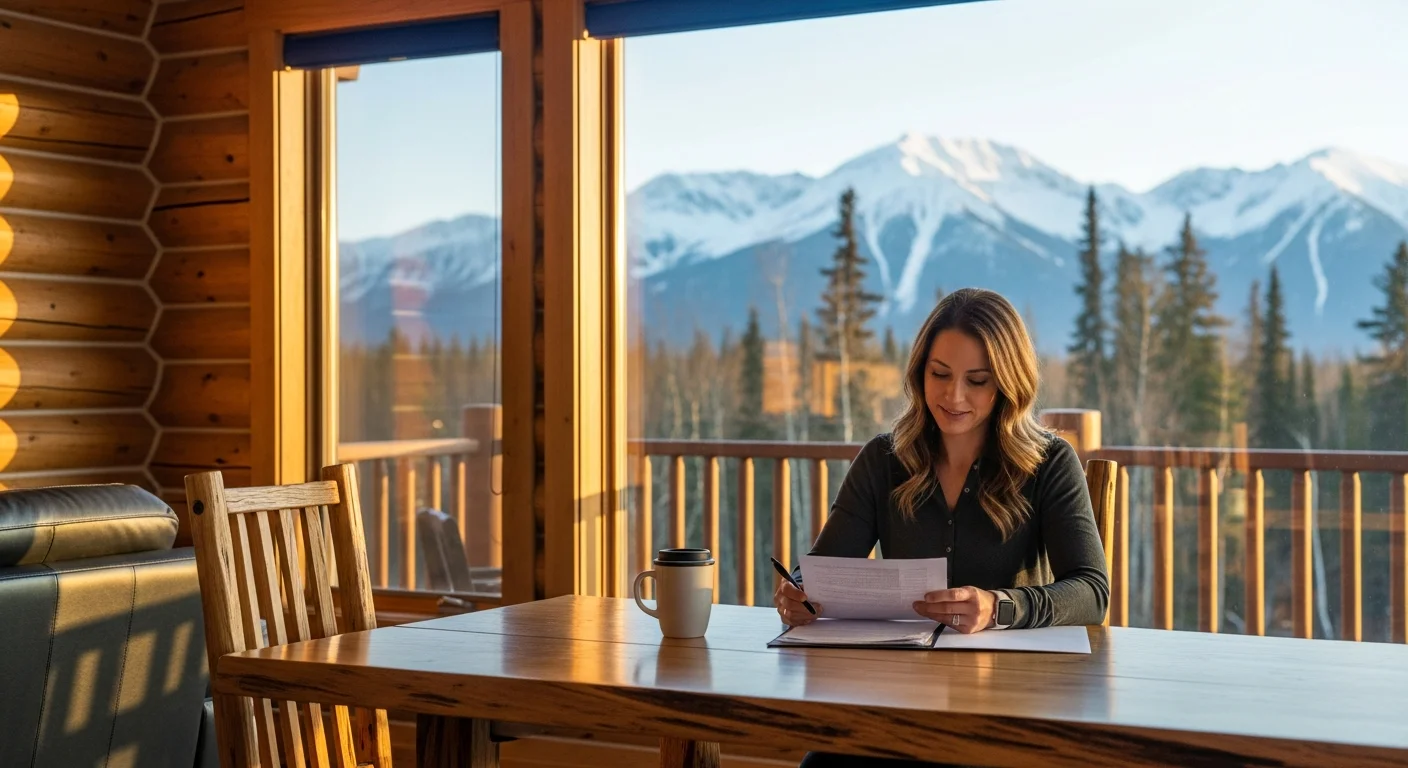 A real estate agent reviewing Alaska seller disclosure requirements 2026 paperwork in front of a mountain cabin near Denali
