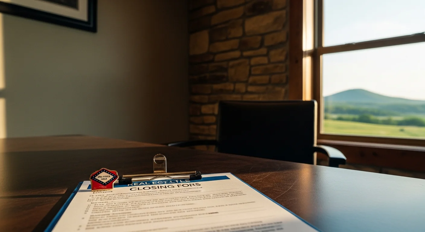 A real estate agent reviewing Arkansas seller disclosure requirements 2026 paperwork at a desk with a view of the Ozark Mountains