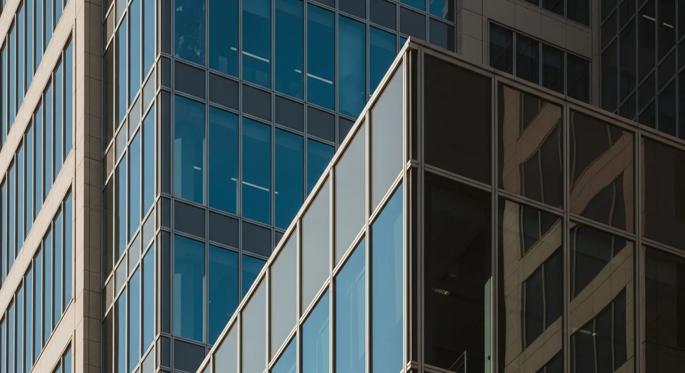 Abstract geometric building facade with layered concrete overhangs casting sharp shadows