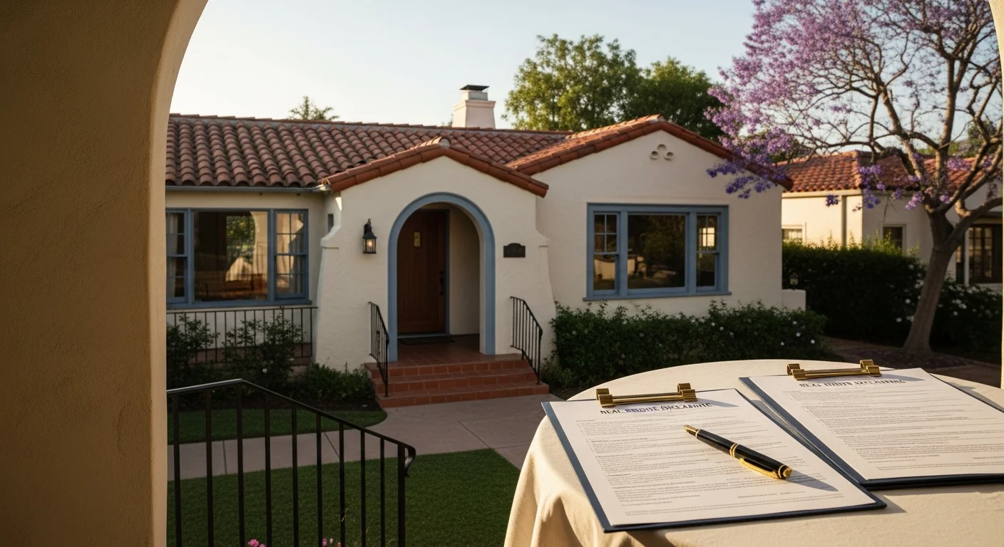 California agency disclosure requirements 2026 illustrated by a Spanish-style home in Los Angeles with disclosure paperwork on a front porch table