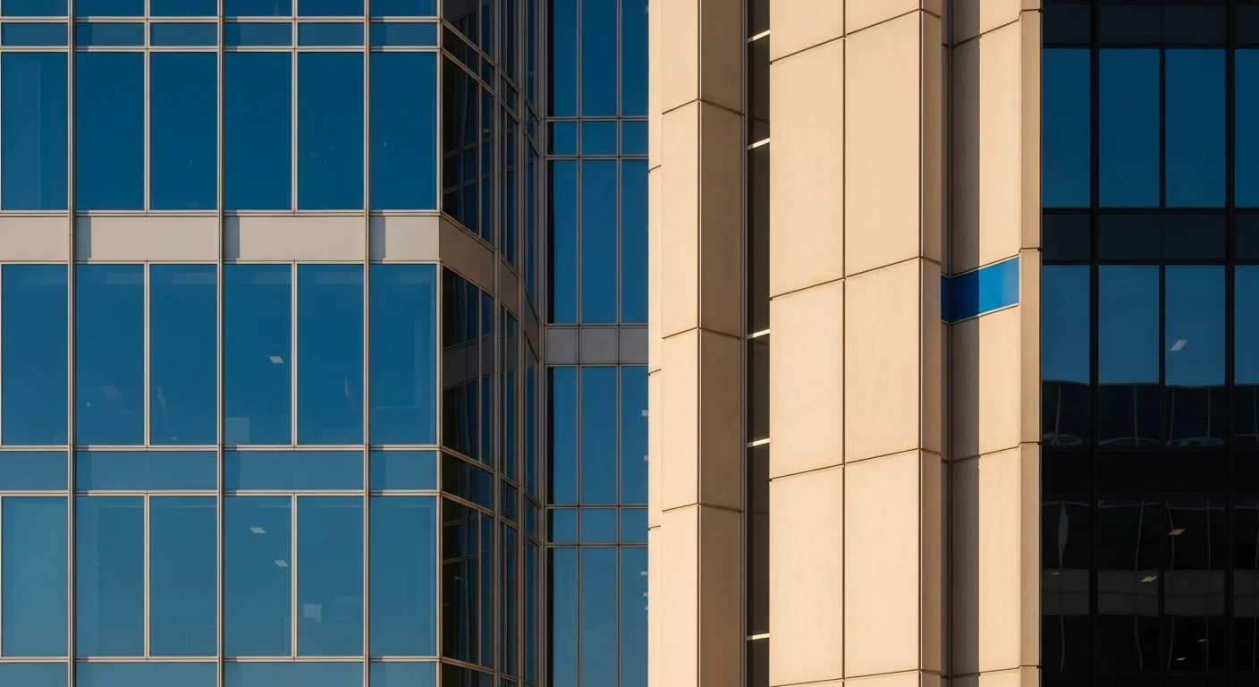 Abstract geometric building facade with overlapping angular lines suggesting multiple jurisdictions