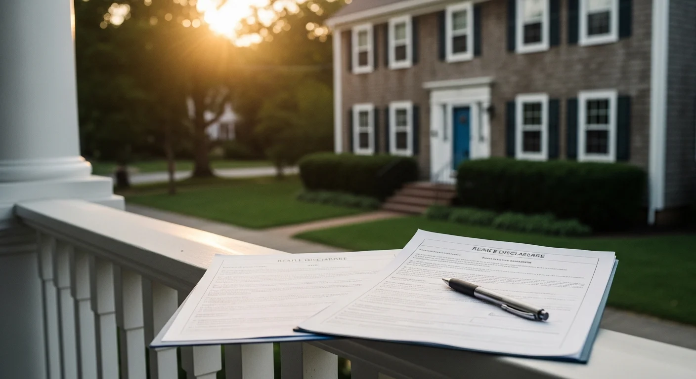 Connecticut agency disclosure requirements 2026 illustrated by a colonial-style home in a New England neighborhood with legal documents on a porch table