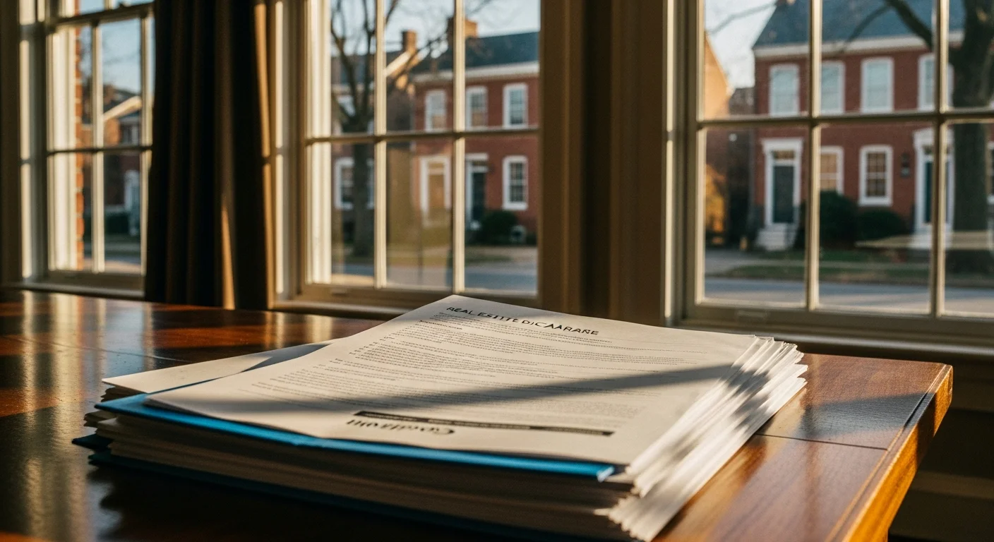 Delaware seller disclosure requirements 2026 documents on a table beside a colonial-style home in historic New Castle