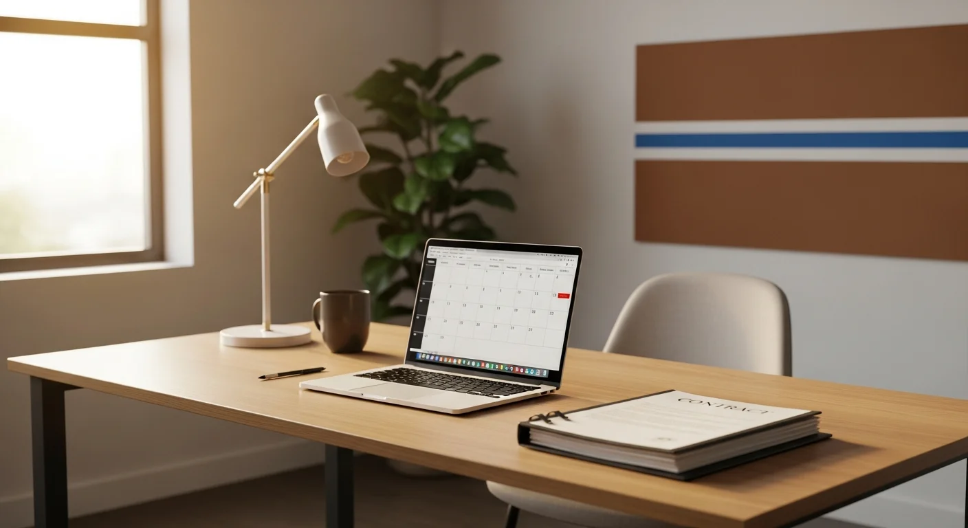 Real estate agent workspace with dual monitors showing email templates and a transaction timeline pinned to a corkboard