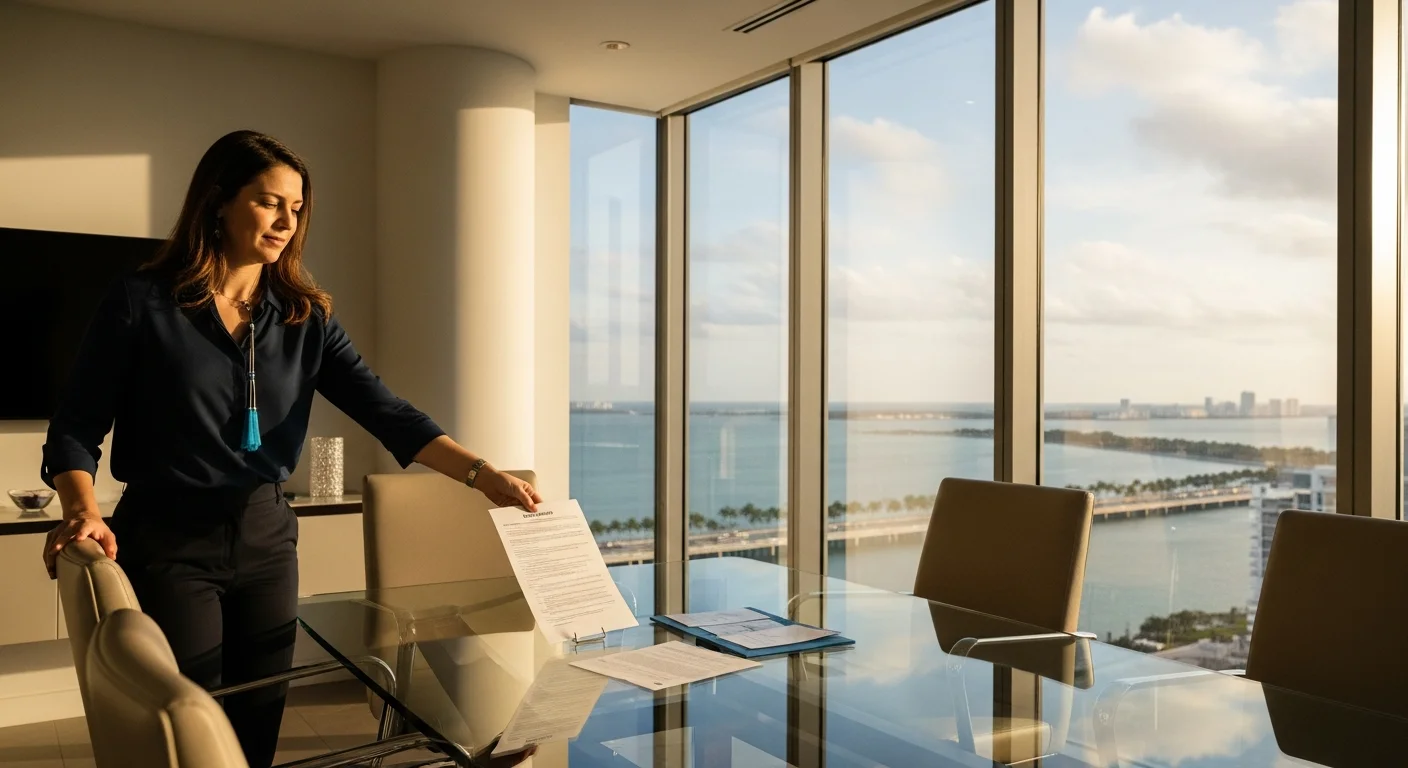 Florida agency disclosure requirements 2026 illustrated by a real estate agent presenting disclosure forms in a sunny Miami office with palm trees visible through floor-to-ceiling windows