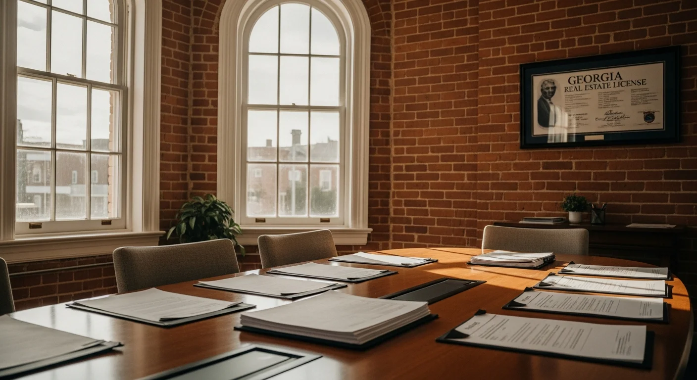 Georgia agency disclosure requirements 2026 illustrated by a closing table inside a brick-walled Atlanta brokerage office