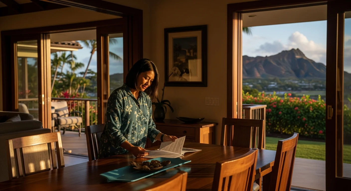 Real estate agent reviewing Hawaii seller disclosure requirements 2026 paperwork with ocean views through a lanai window