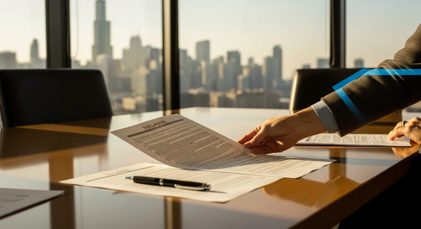 Illinois agency disclosure requirements 2026 paperwork on a desk overlooking Chicago skyline through office window