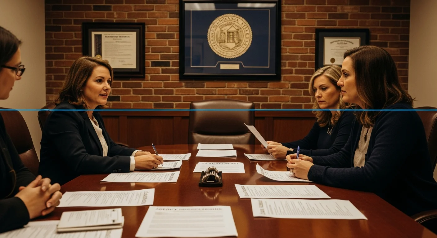 Indiana agency disclosure requirements 2026 illustrated by a real estate closing table in an Indianapolis office with disclosure forms visible