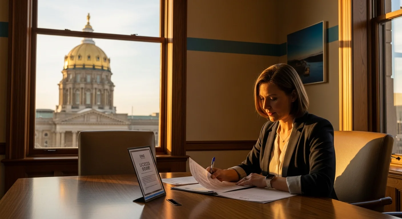 Iowa agency disclosure requirements 2026 document review in a Des Moines real estate office with prairie landscape visible through the window