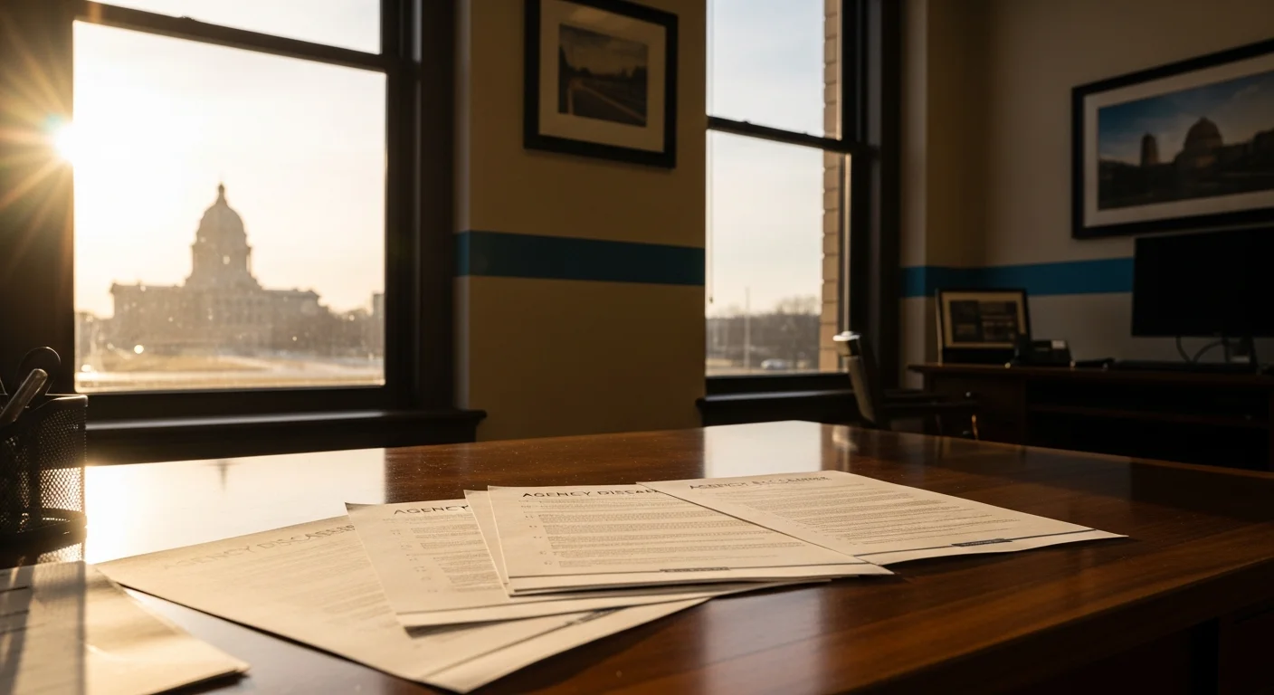 Kansas agency disclosure requirements 2026 illustrated by a real estate office in downtown Topeka with disclosure forms on the desk