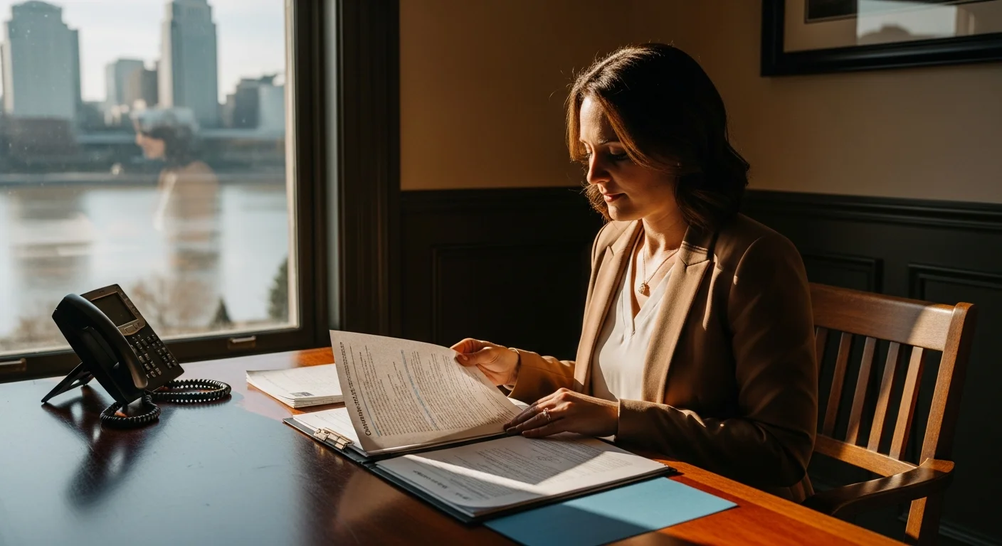 A Kentucky real estate agent reviewing Kentucky seller disclosure requirements 2026 paperwork at a farmhouse kitchen table with rolling hills visible through the window