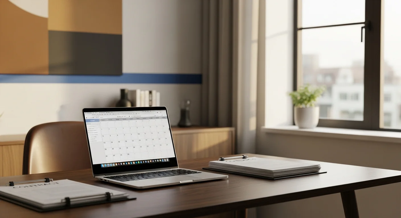 Agent desk with multiple contract folders, sticky notes, and a laptop showing document tracking software