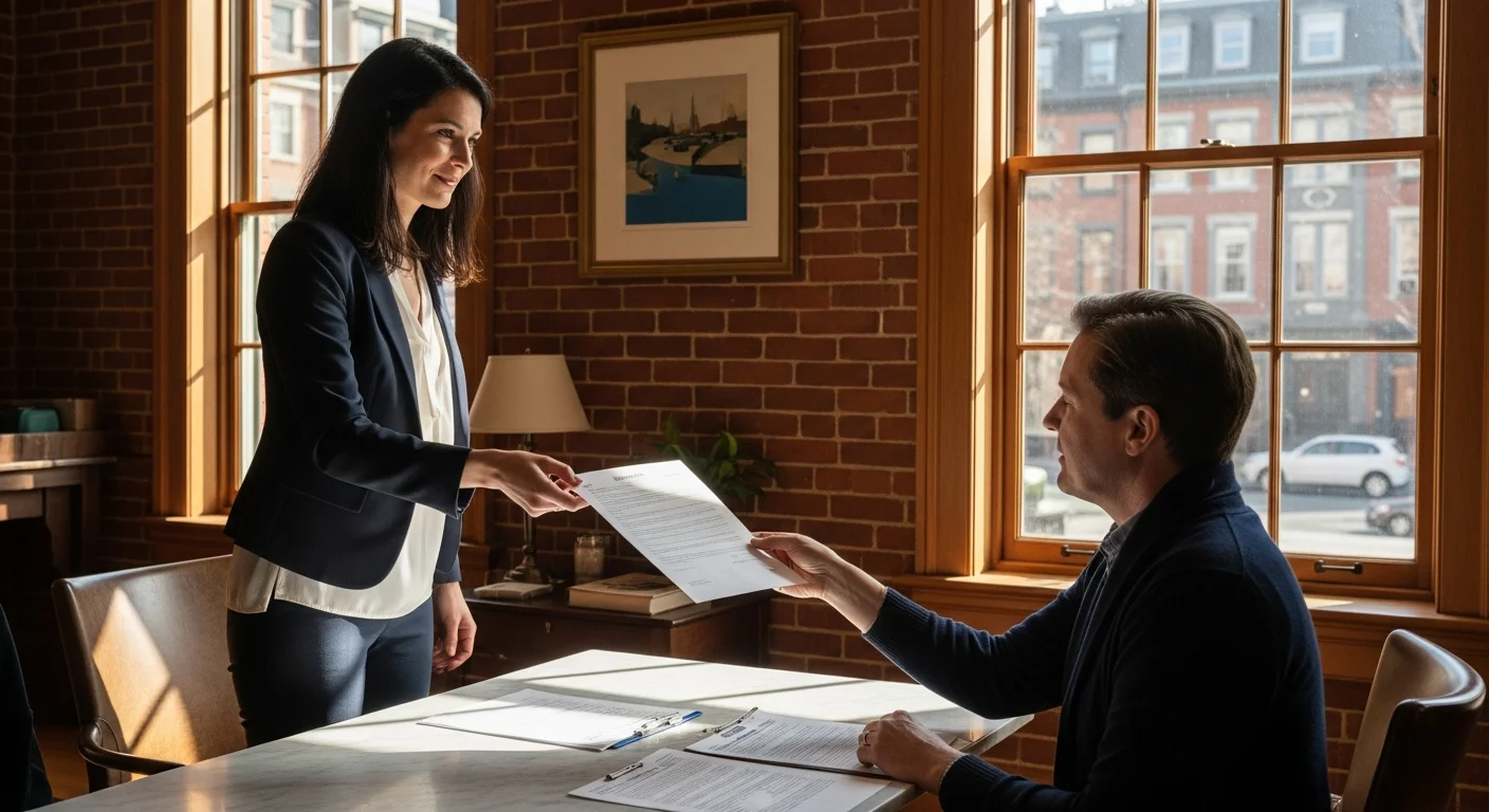 A real estate agent presenting Massachusetts agency disclosure requirements 2026 paperwork in a historic Beacon Hill brownstone