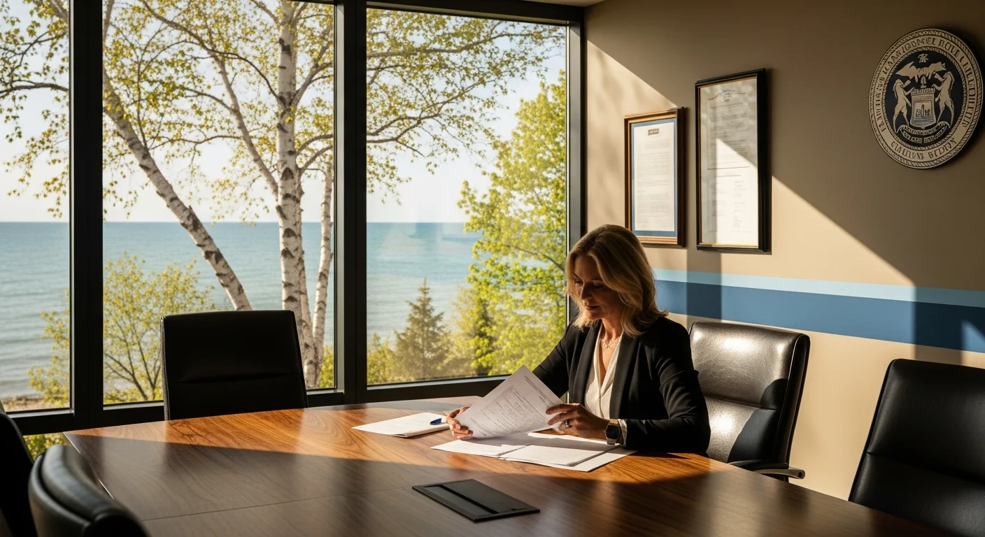 A Michigan real estate agent reviewing agency disclosure requirements 2026 forms at a lakefront property closing table