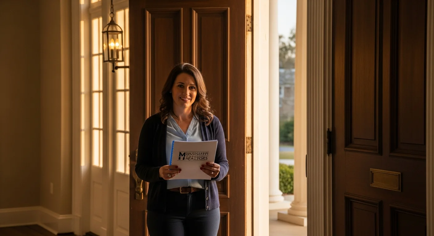 A real estate agent reviewing Mississippi seller disclosure requirements 2026 paperwork in a historic Natchez-style home foyer
