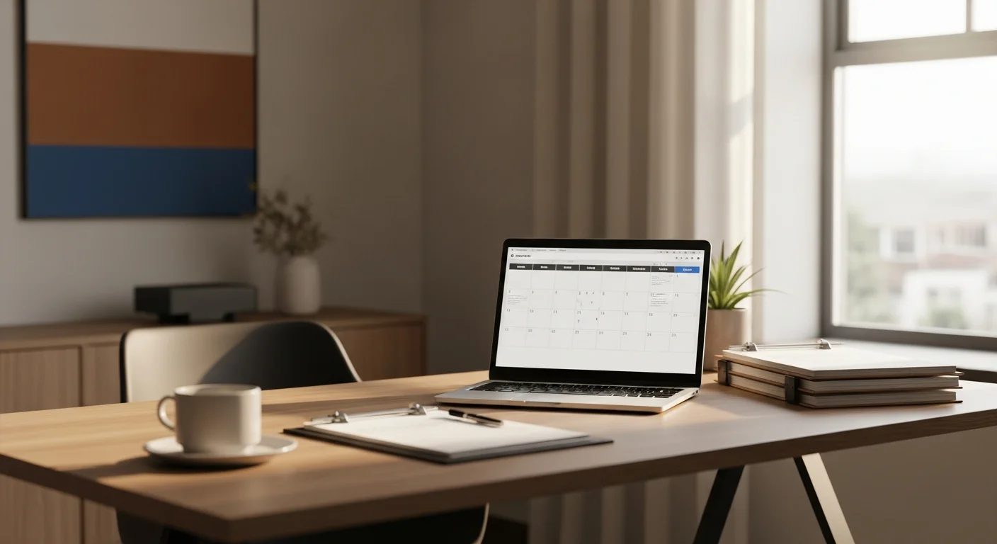 Broker's desk with organized transaction files, a checklist, and a laptop showing compliance tracking software