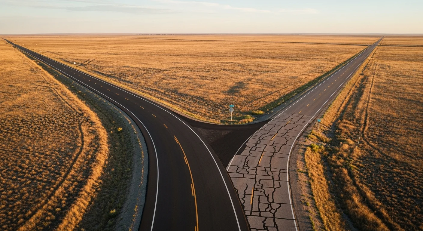 Split highway diverging into two paths through an open plain, symbolizing the fork in real estate transaction models