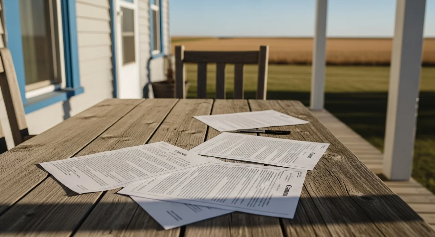 A Nebraska farmhouse with disclosure paperwork on a porch table representing Nebraska seller disclosure requirements 2026