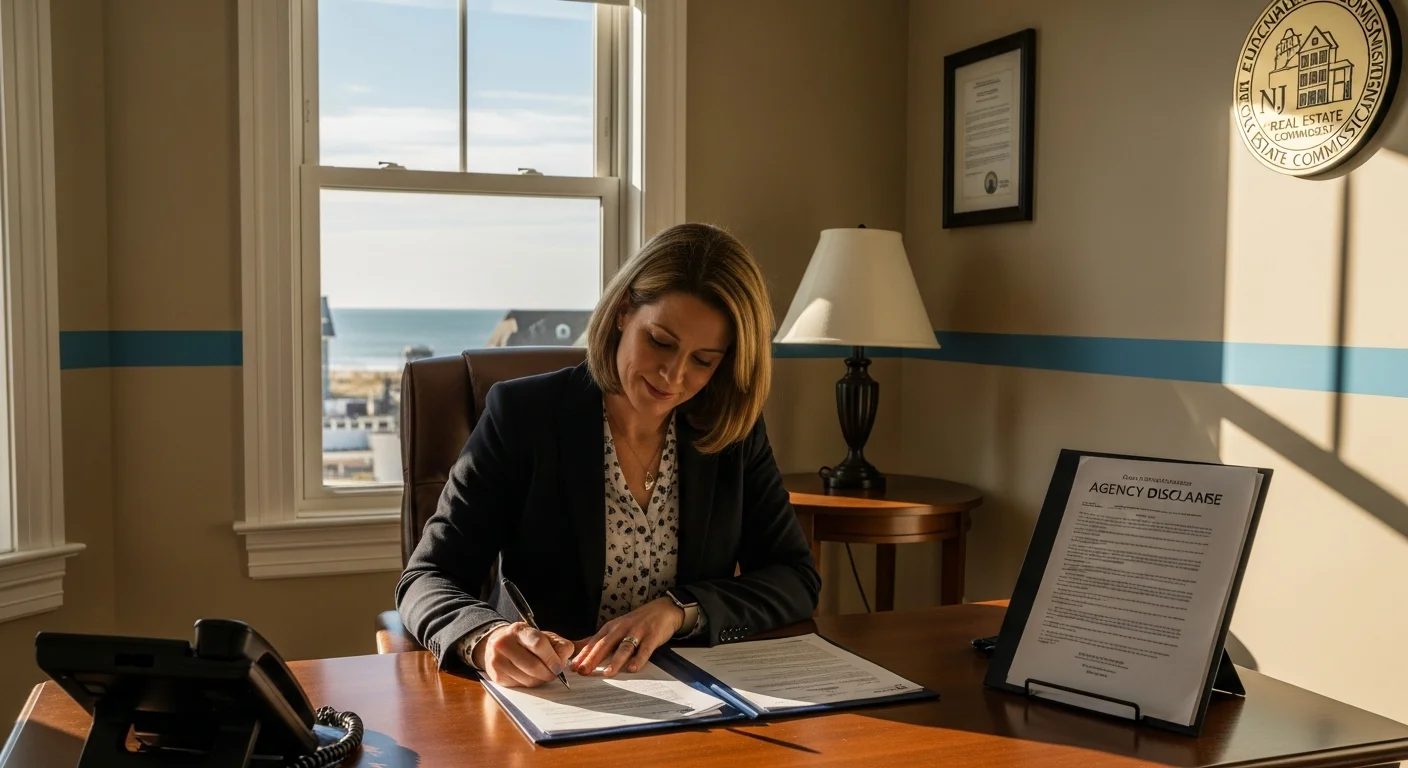 A New Jersey real estate agent reviewing agency disclosure requirements 2026 at a boardwalk-view office along the Jersey Shore