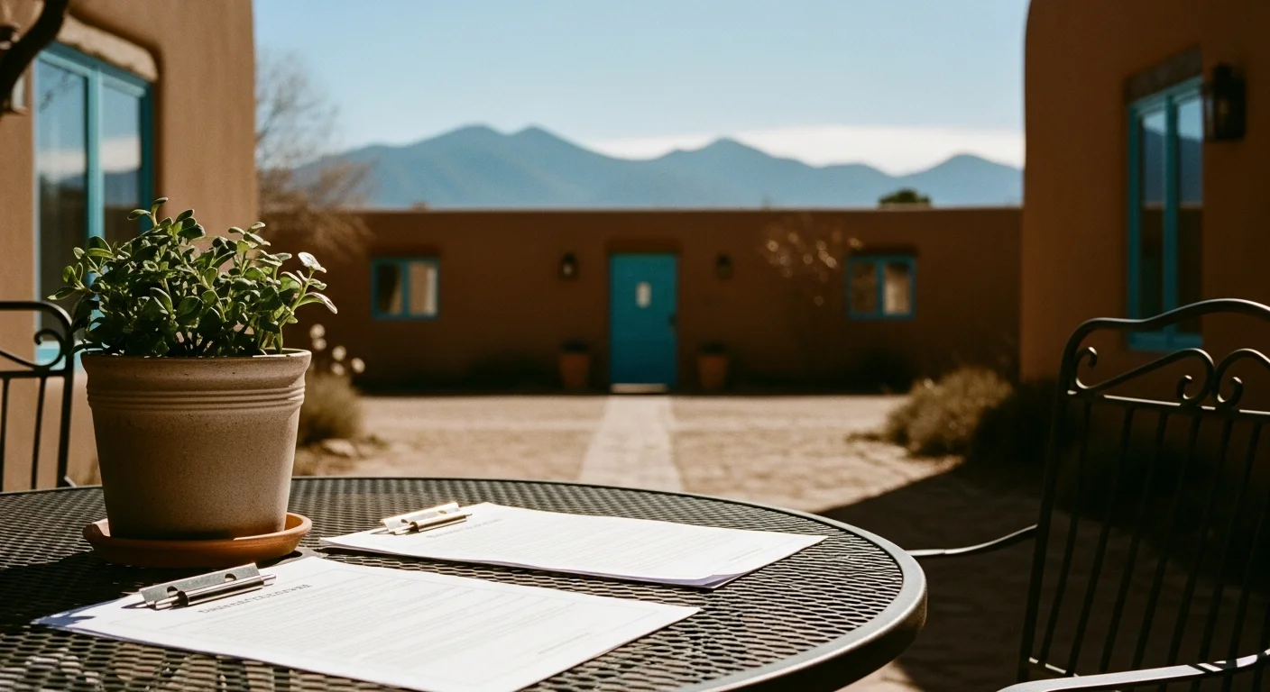 Adobe-style New Mexico home with disclosure paperwork on a sunlit patio table illustrating New Mexico agency disclosure requirements 2026