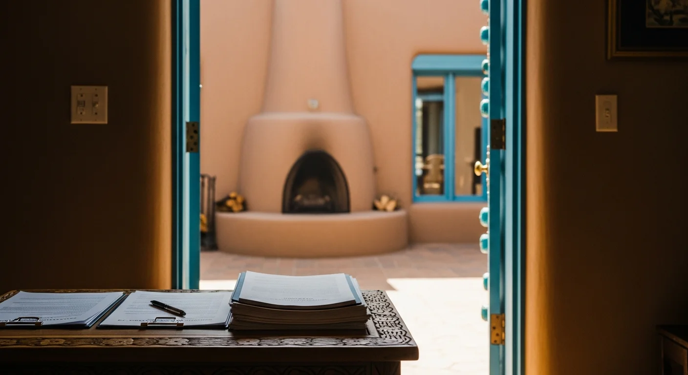 Adobe-style home in New Mexico with disclosure paperwork on a courtyard table, illustrating New Mexico seller disclosure requirements 2026