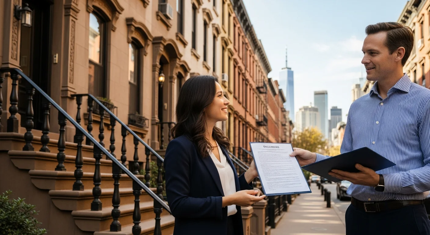 New York brownstone stoop with disclosure paperwork illustrating New York agency disclosure requirements 2026