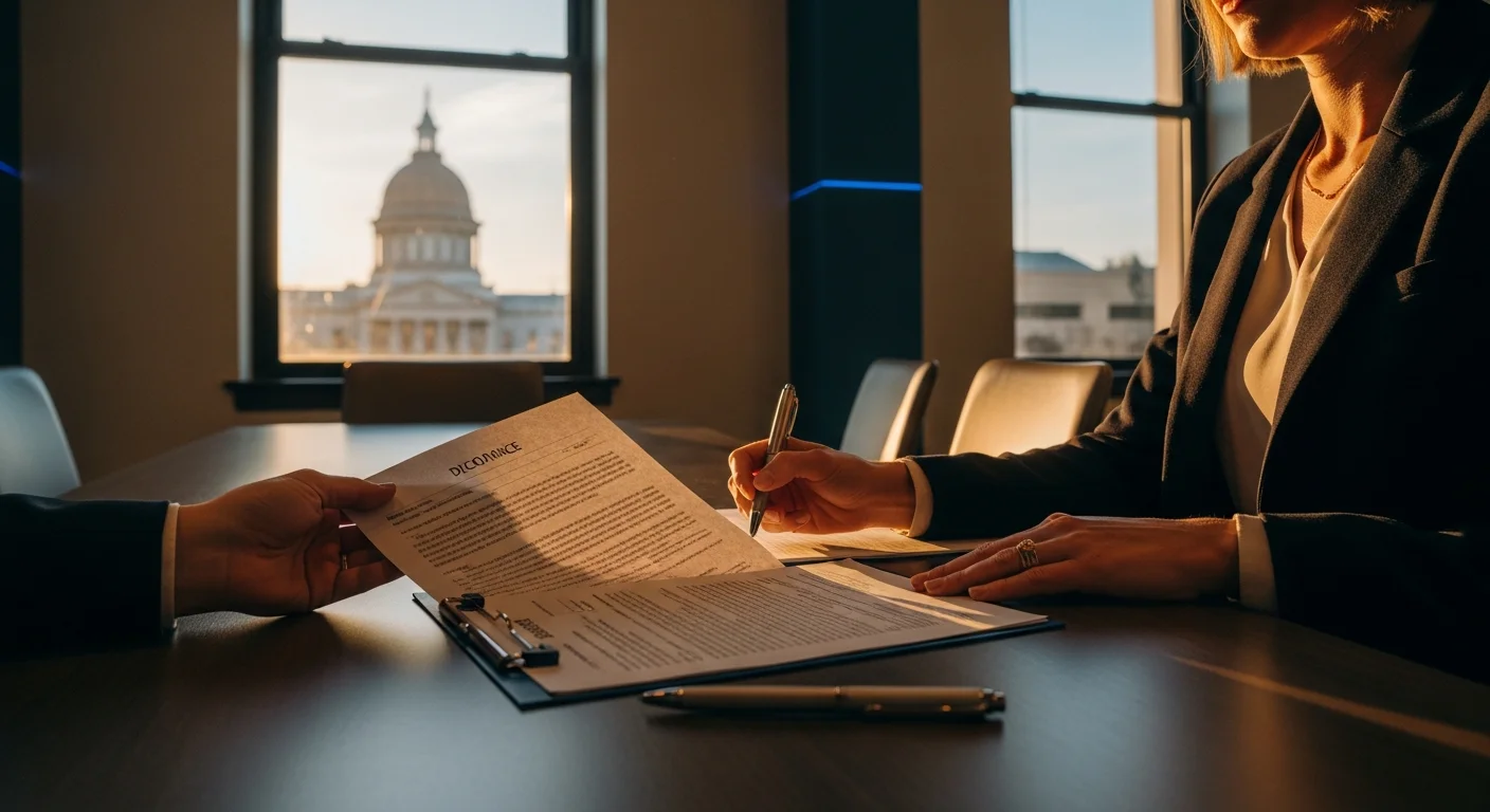 Real estate agent reviewing North Carolina agency disclosure requirements 2026 paperwork at a table with a Raleigh skyline visible through the window