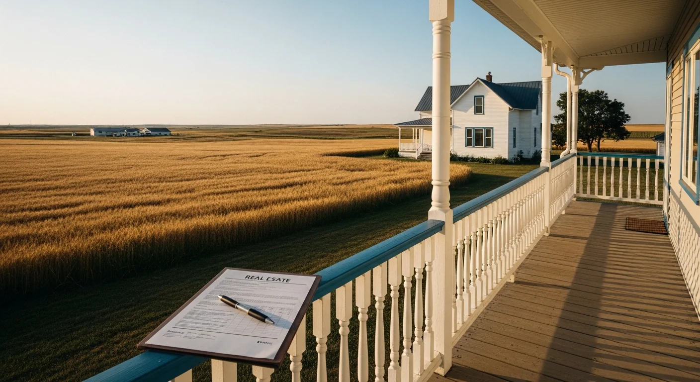 A farmhouse on the North Dakota prairie with disclosure paperwork on a kitchen table, representing North Dakota seller disclosure requirements 2026