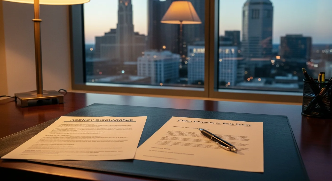 Ohio agency disclosure requirements 2026 compliance documents on a desk with Columbus skyline visible through a window