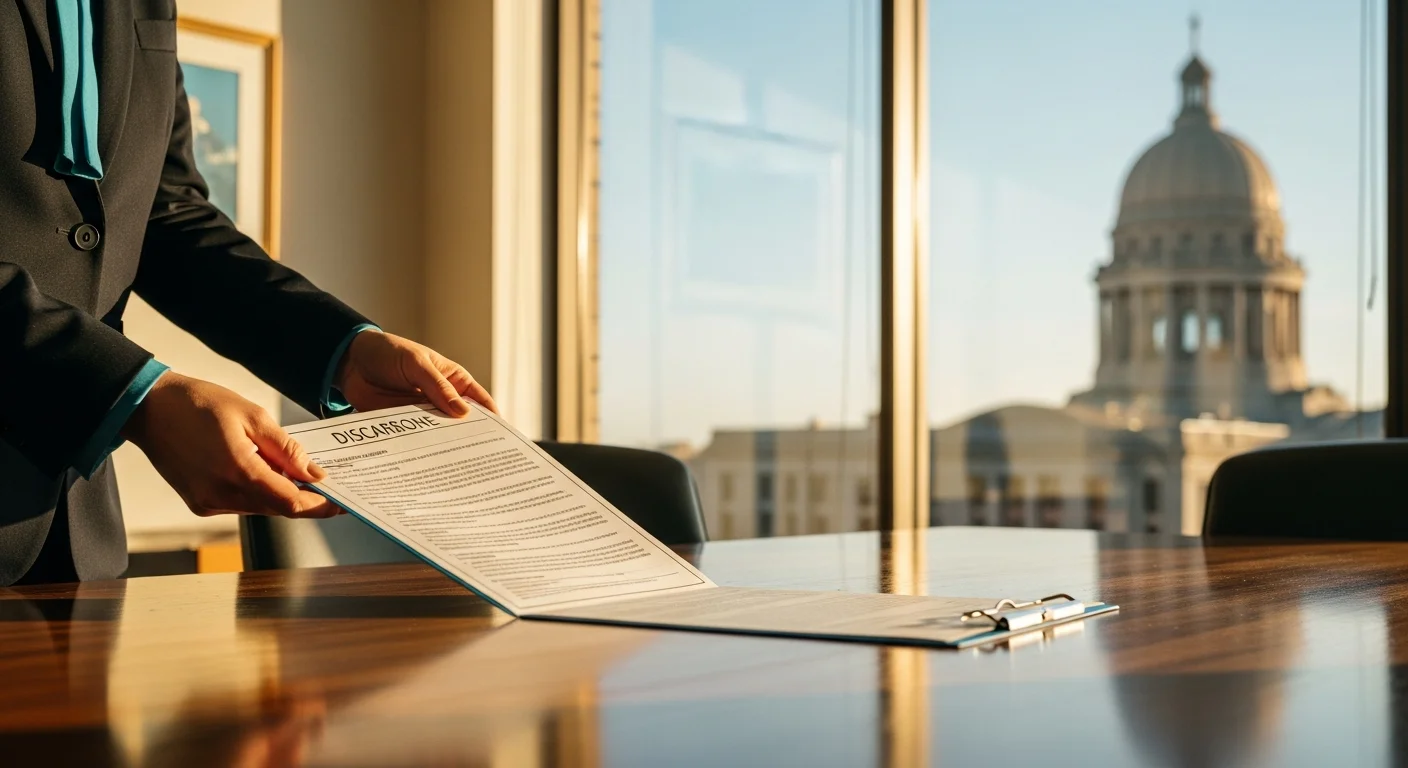 Oklahoma agency disclosure requirements 2026 illustrated through paperwork on a red-brick desk with the Oklahoma State Capitol dome visible through a window