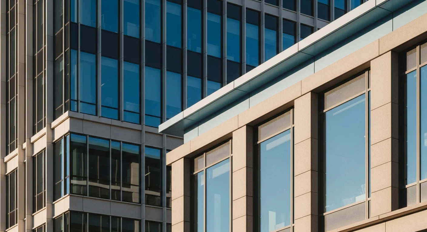 Abstract geometric facade of a modern office building viewed from below