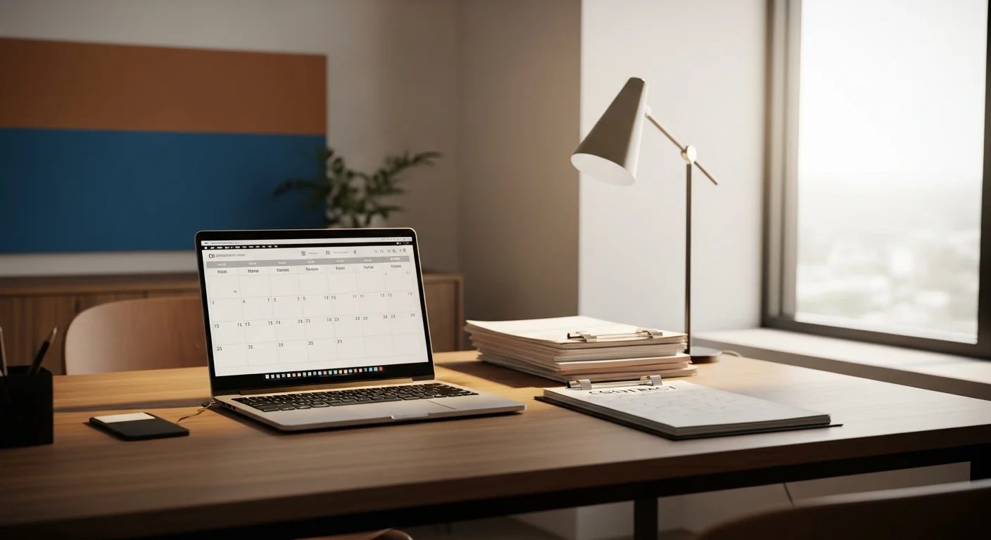 An agent's desk with multiple transaction files, a laptop showing a calendar full of deadlines, and sticky notes covering a monitor