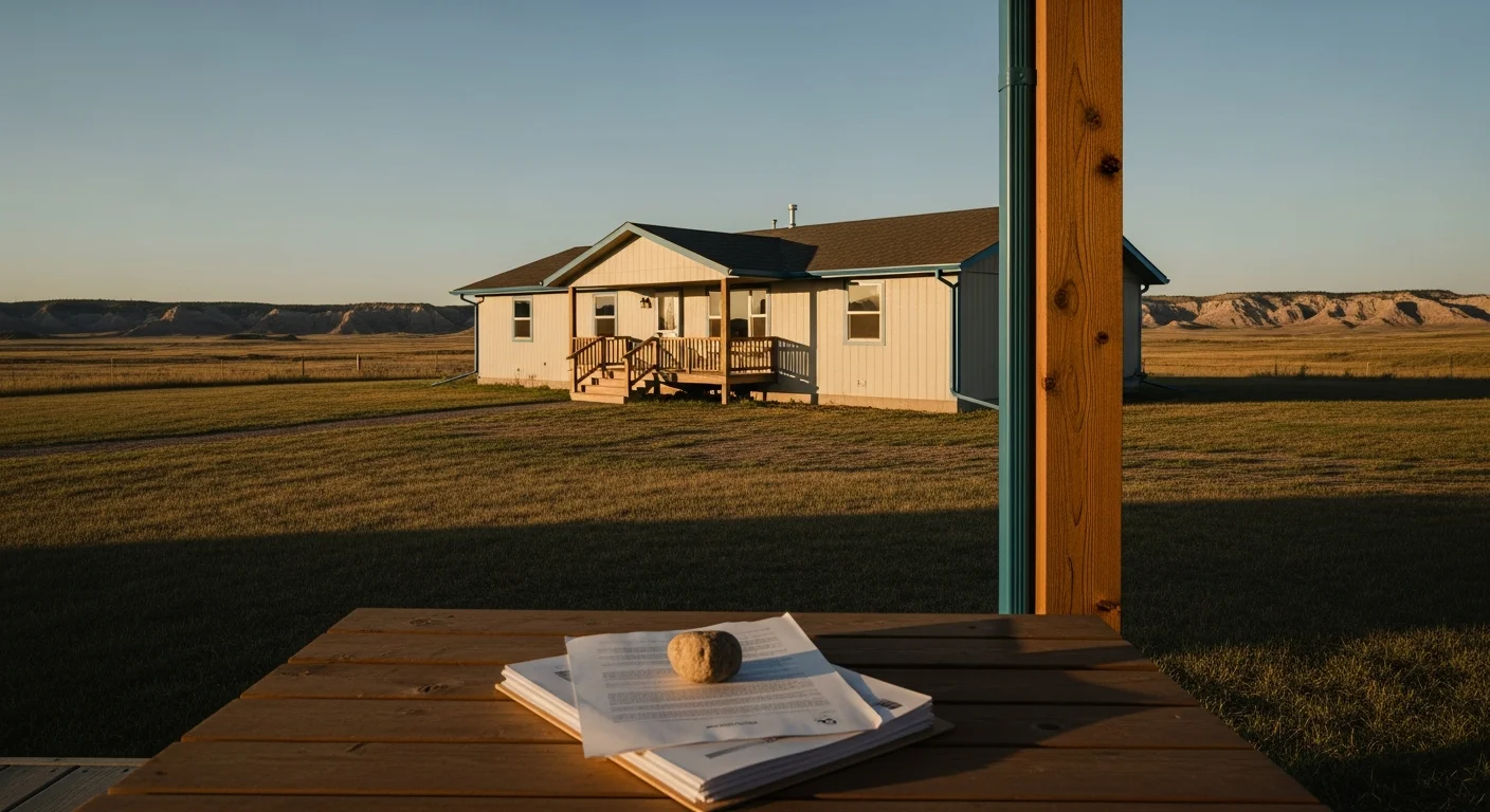 A ranch-style home on the South Dakota prairie with disclosure documents on a porch table illustrating South Dakota seller disclosure requirements 2026