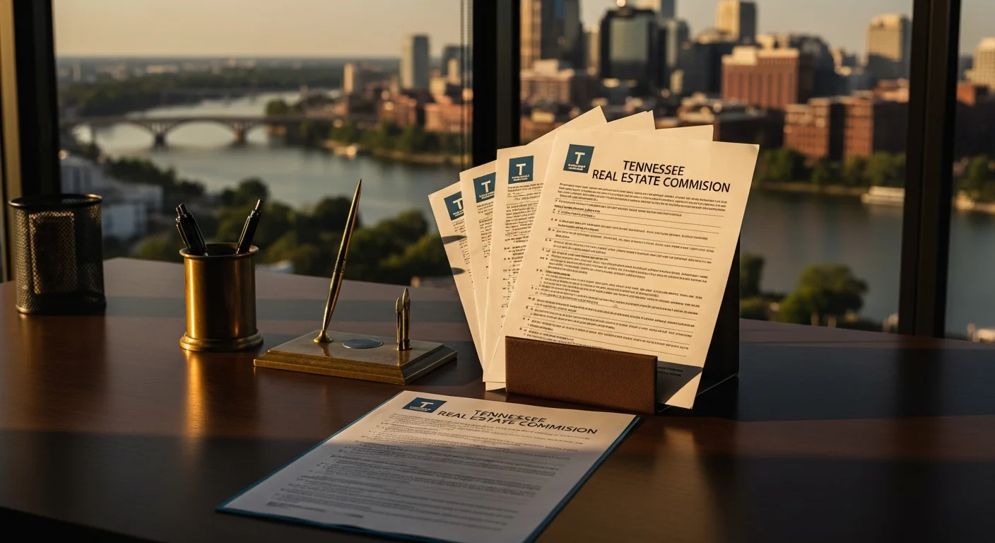 Tennessee agency disclosure requirements 2026 compliance documents on a mahogany desk with Nashville skyline visible through office windows