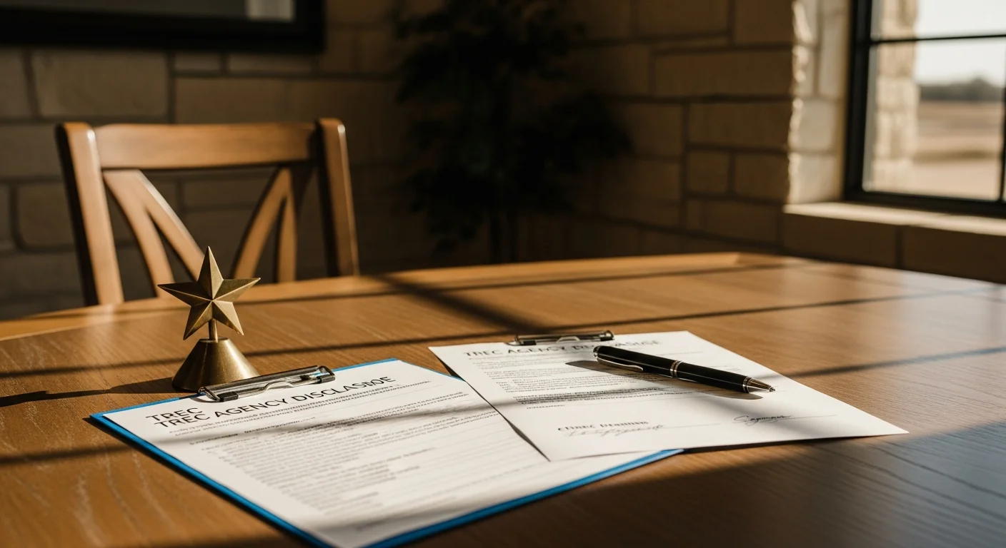 Texas agency disclosure requirements 2026 illustrated by a real estate closing table with TREC forms in front of a limestone Hill Country office