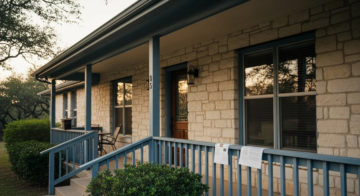 A Texas real estate agent reviewing seller disclosure requirements 2026 paperwork at a desk with a residential property visible through the window