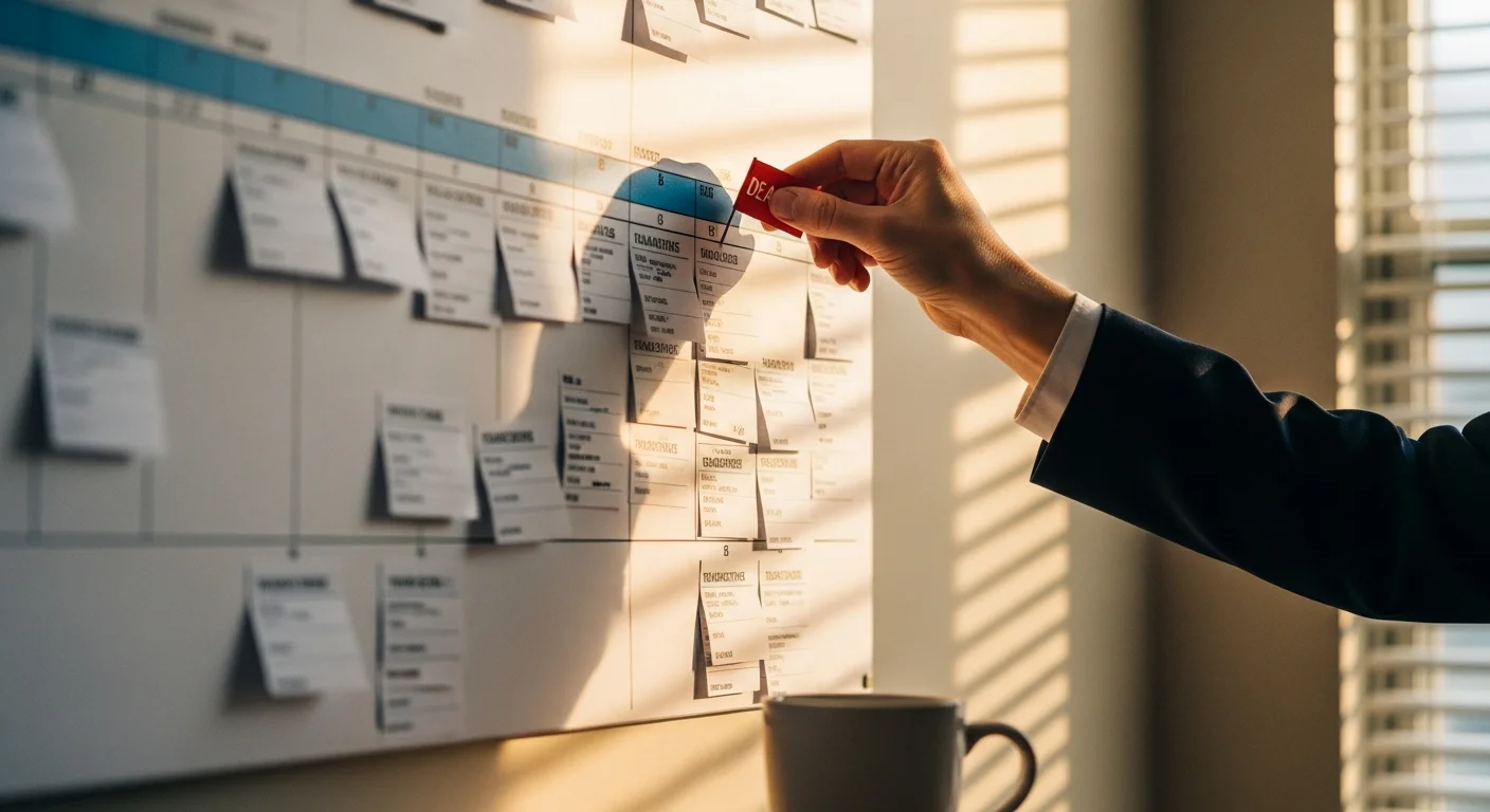 Real estate agent's desk with a wall-mounted whiteboard showing color-coded transaction timelines and sticky notes marking upcoming deadlines