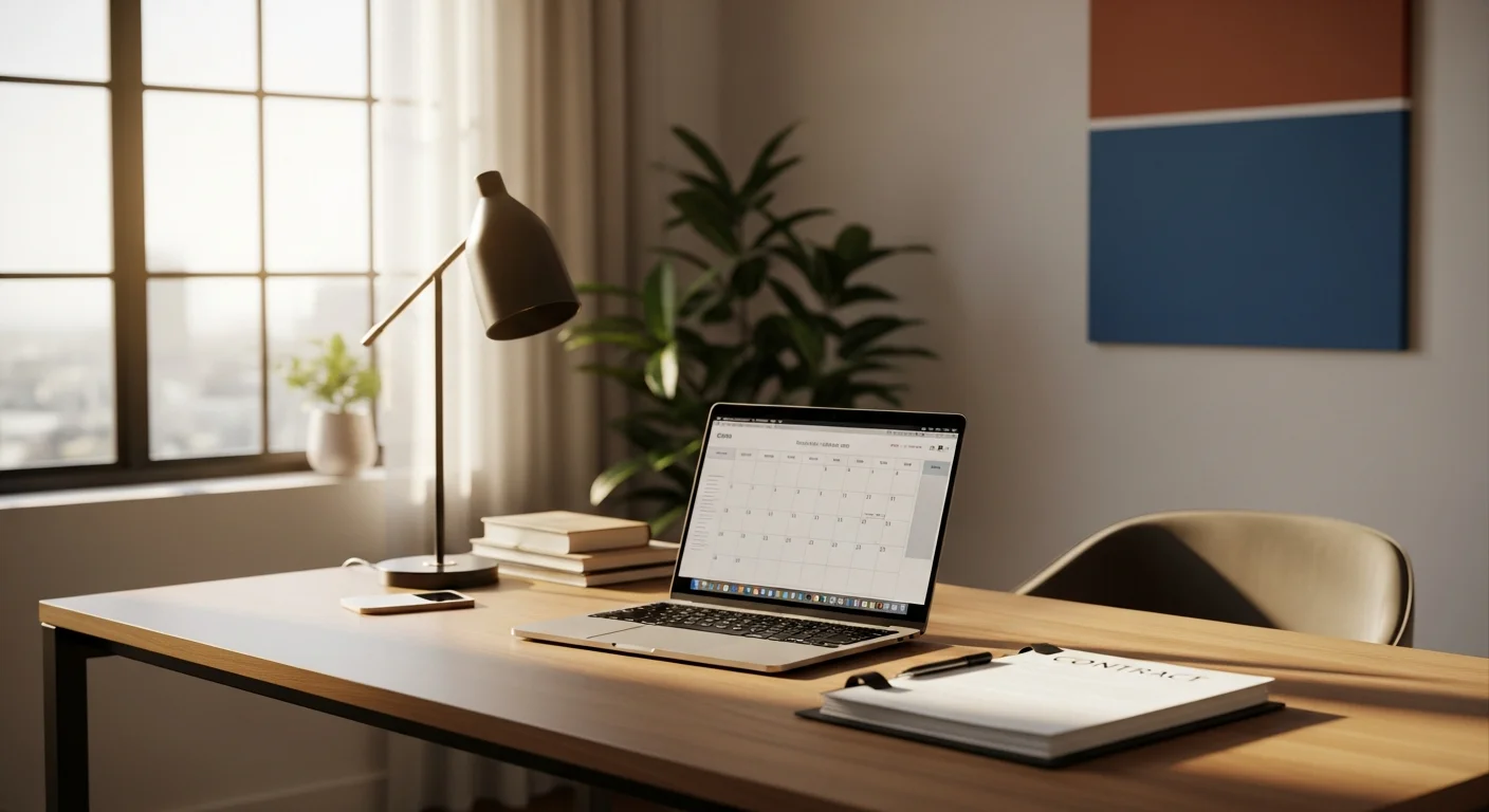 Broker reviewing a transaction timeline checklist at a desk with multiple open files and a whiteboard calendar