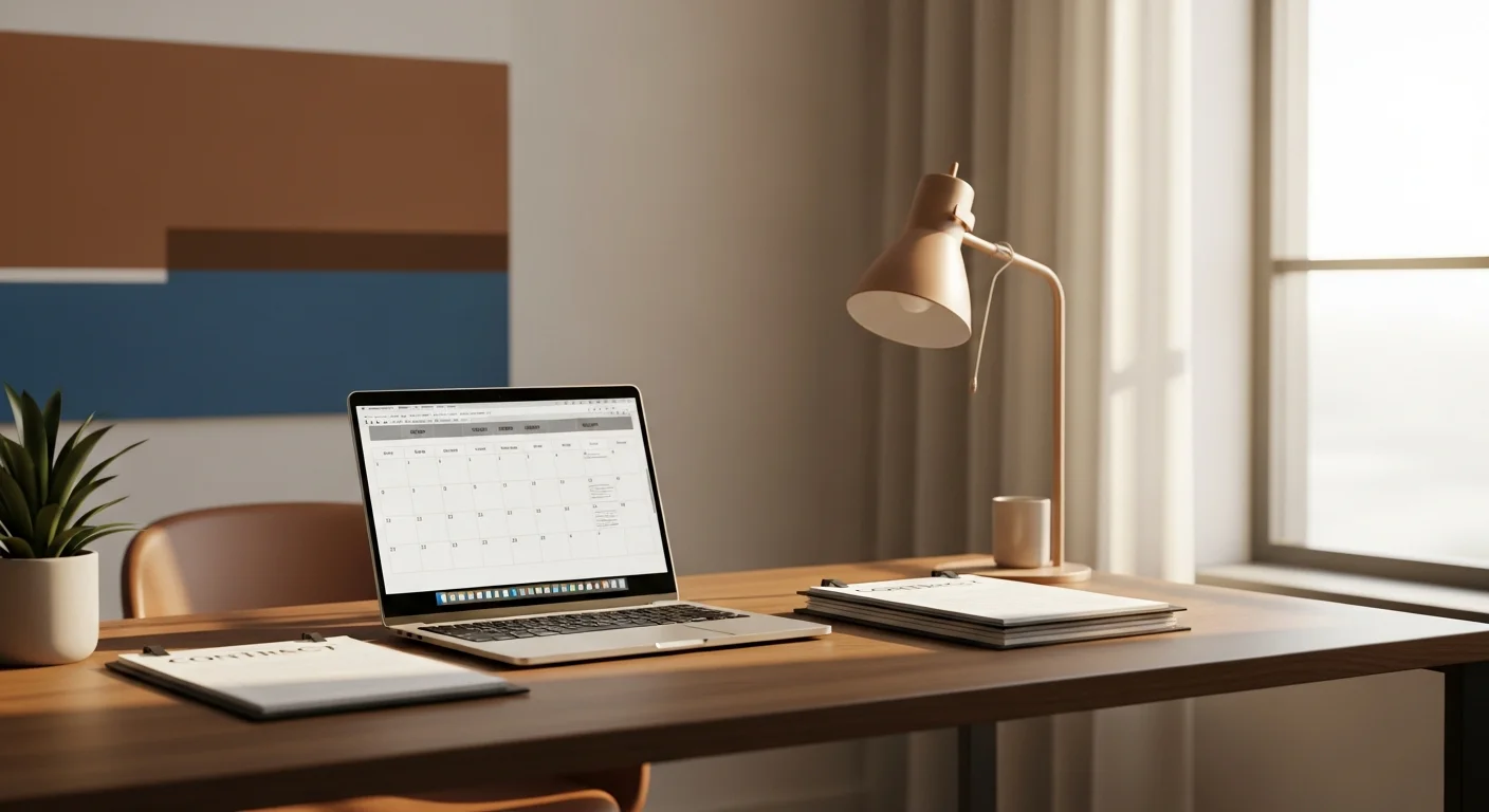 Real estate agent's desk with a laptop showing a transaction checklist, contract folders, and a handoff workflow diagram pinned to the wall