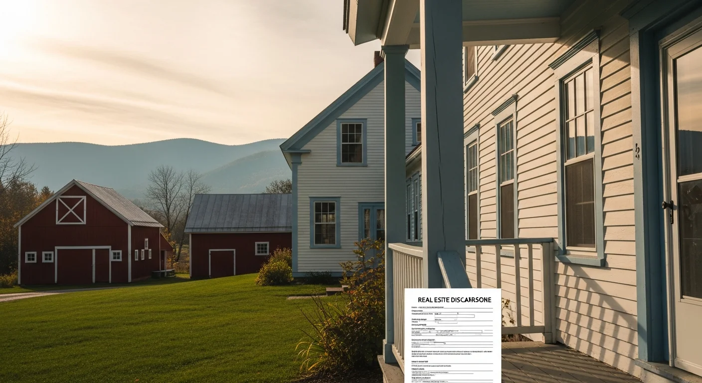A Vermont farmhouse with Green Mountain backdrop representing Vermont seller disclosure requirements 2026 compliance for real estate agents