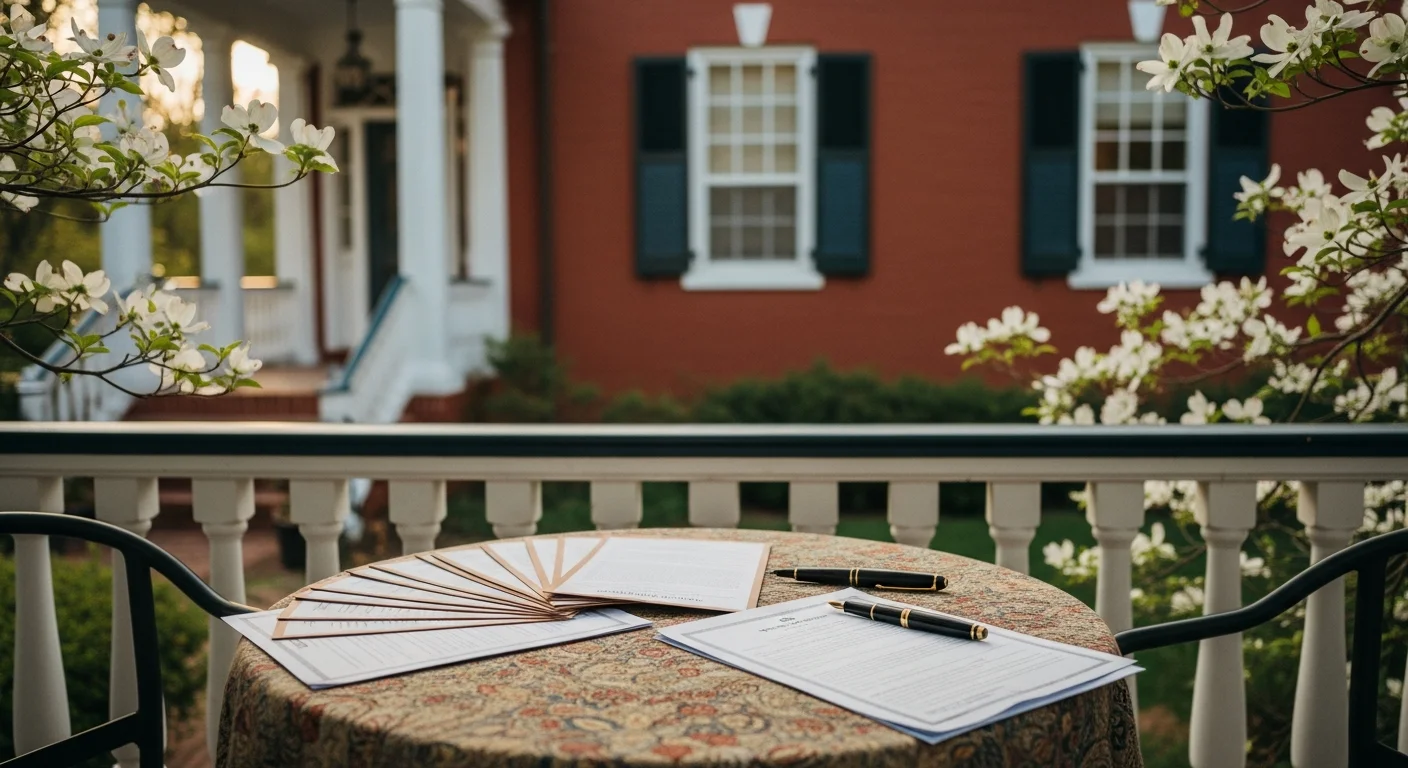 Virginia agency disclosure requirements 2026 illustrated by a brick Colonial-style home with agency disclosure paperwork on the front porch table