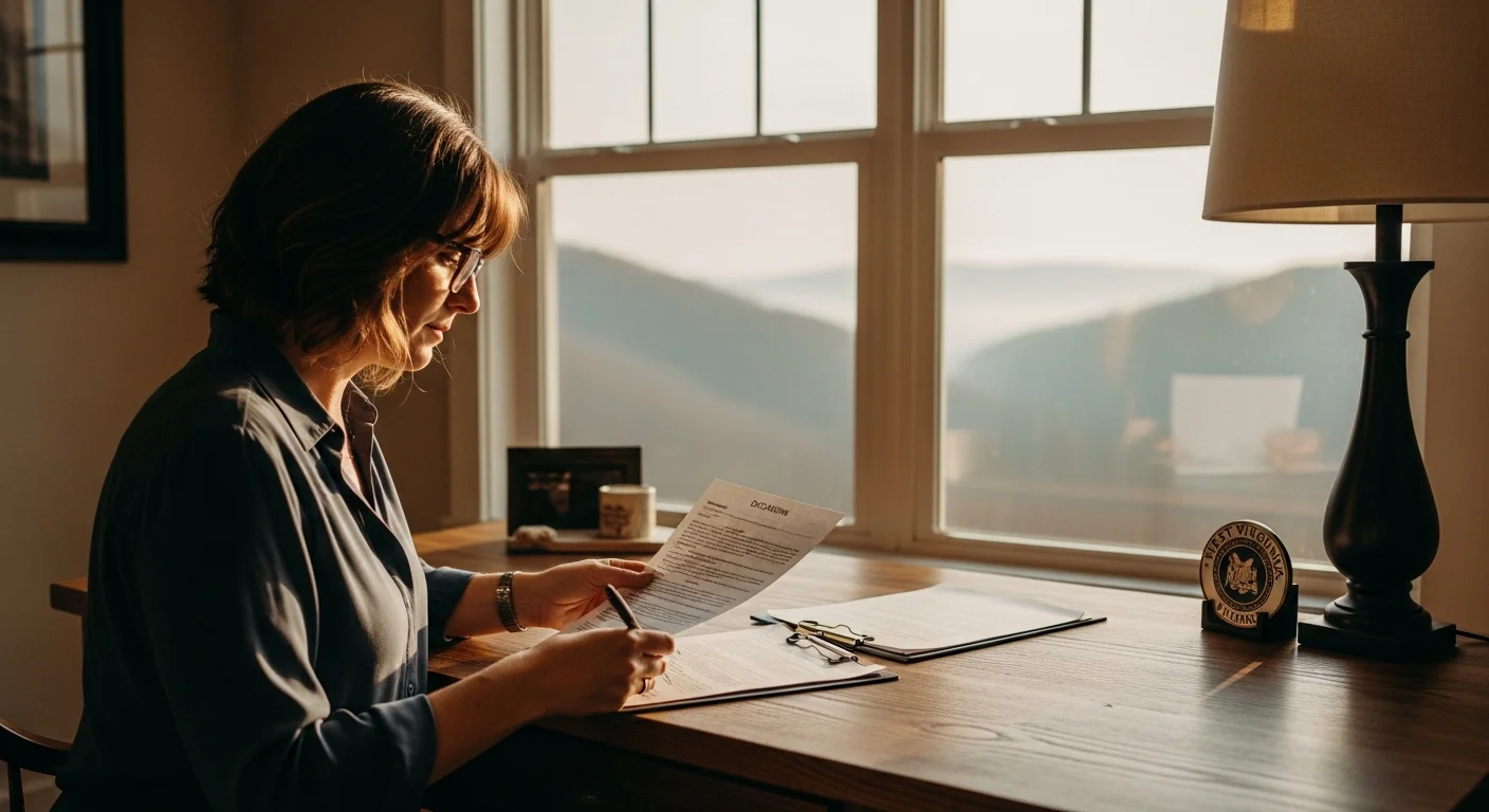 Real estate agent reviewing West Virginia seller disclosure requirements 2026 form on a desk beside a mountain-view window