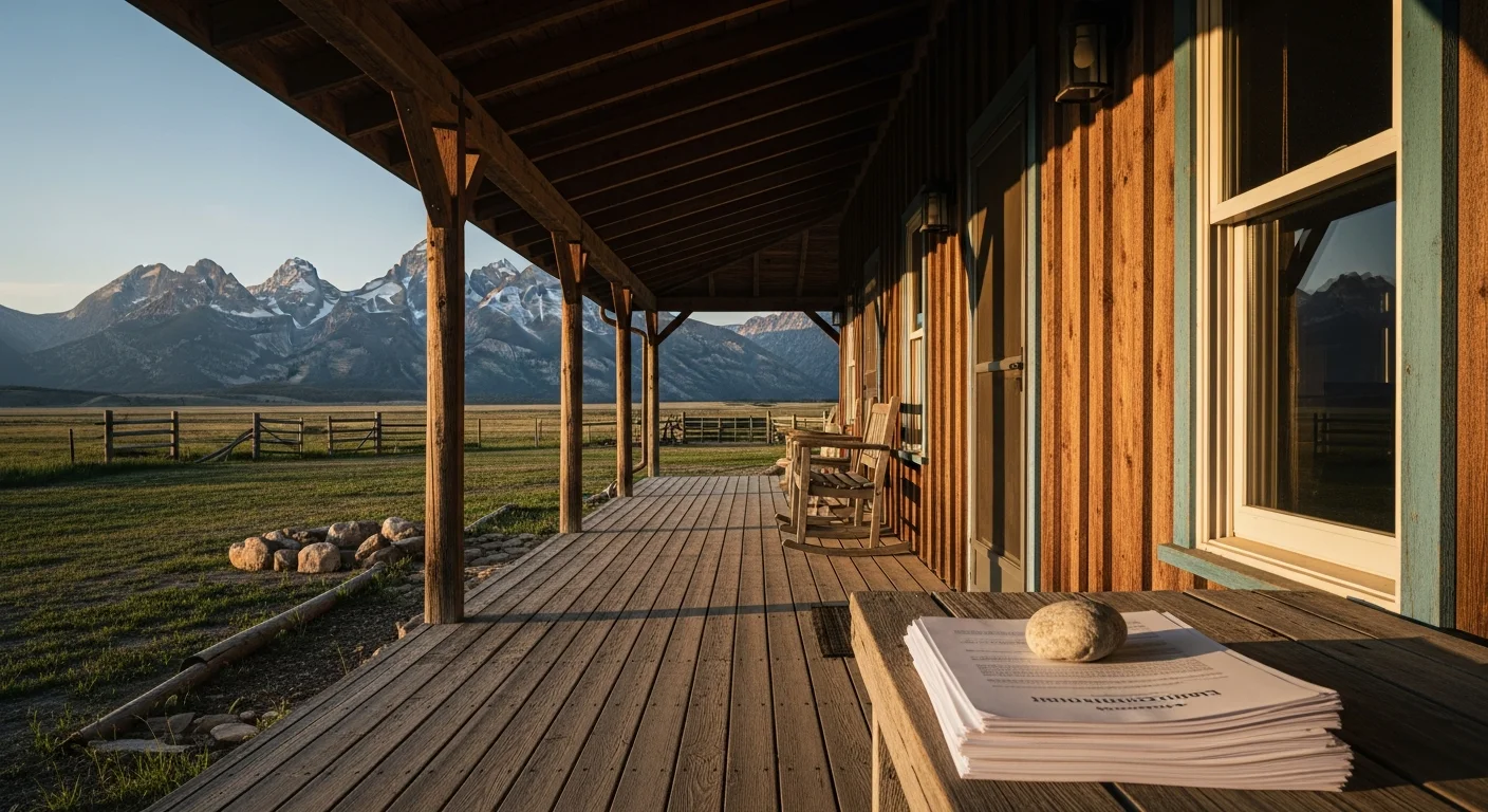 A ranch-style home near the Bighorn Mountains with Wyoming seller disclosure requirements 2026 paperwork on the porch table